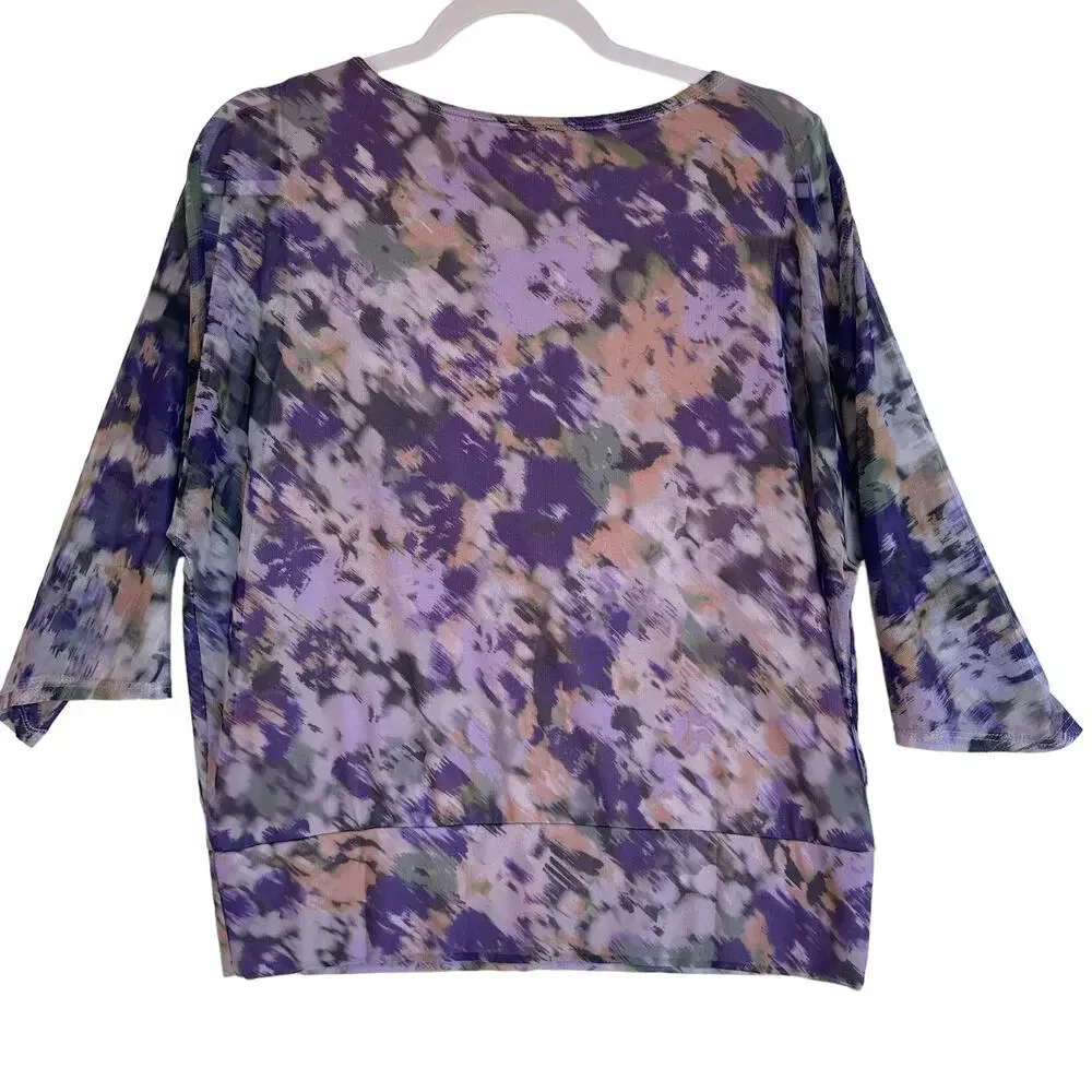 Chico's Floral Blouse Womens M Purple Pullover Wispy Sheer Mesh Lightweight